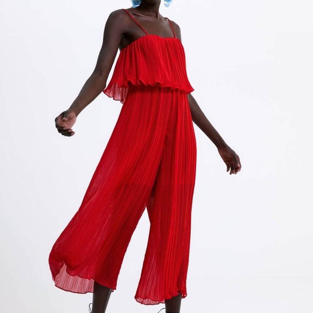 Zara Pleated Wide-Leg Flowy Shoestring Strap Jumpsuit in Red